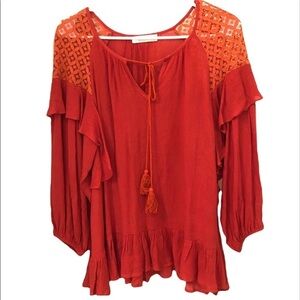 2/$30 Entro - Rust Orange Ruffle Peplum Boho Blouse – Size S